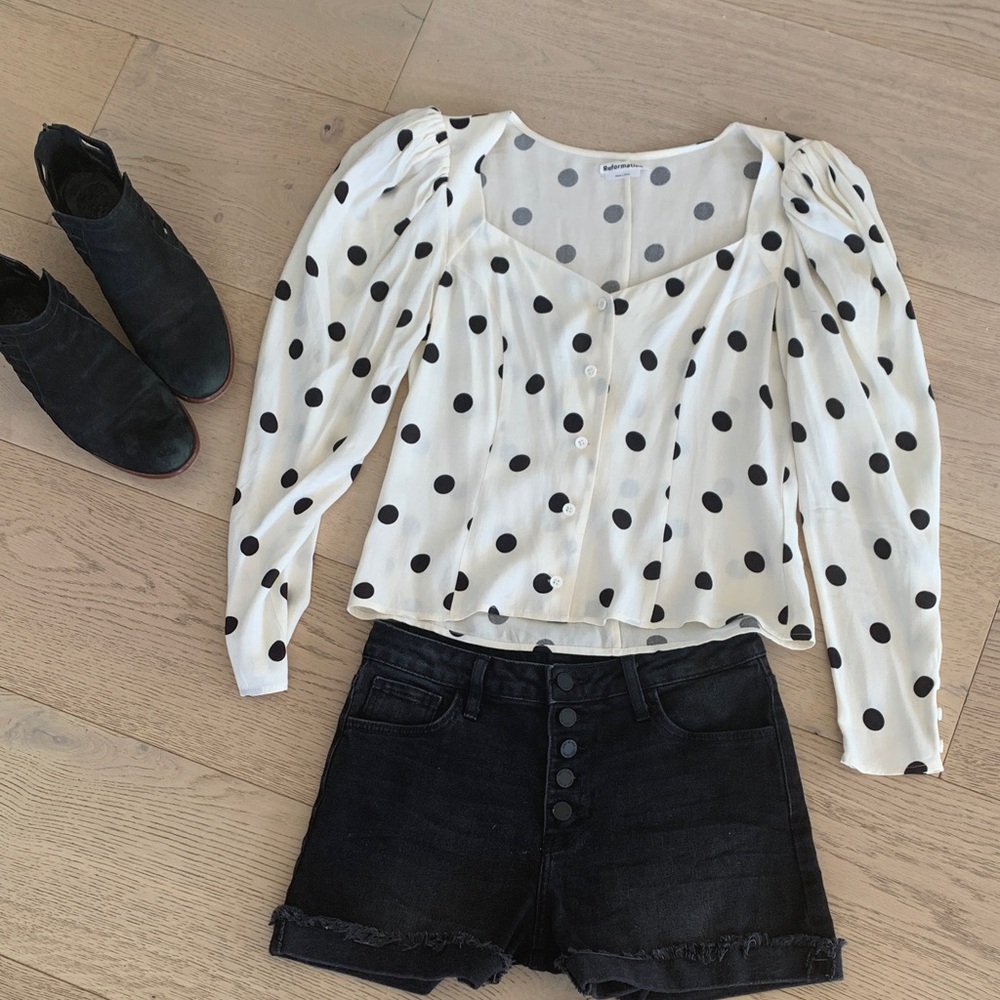 Reformation Cream Blouse with Black Polka Dots, size Small